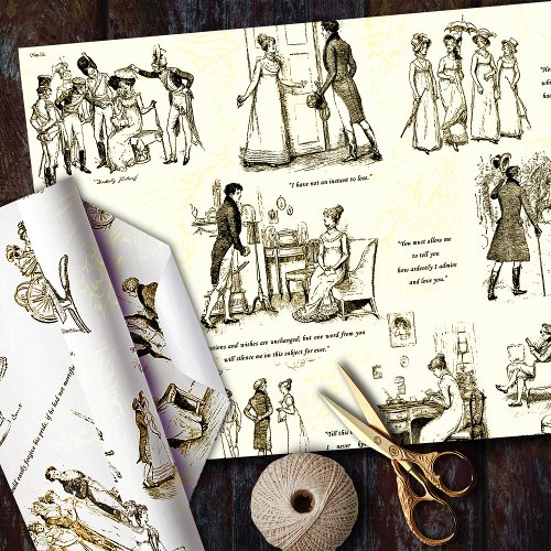 Pride and Prejudice Beige Sepia Toile Quotes Wrapping Paper