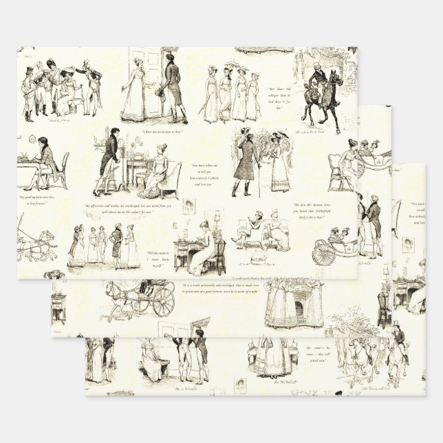 Pride and Prejudice Beige Sepia Toile Quotes Wrapping Paper Sheets (Set)