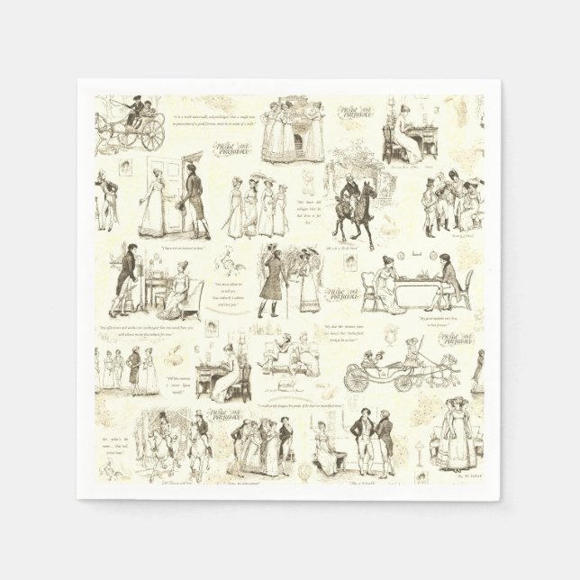 Pride and Prejudice Beige Toile Quote Illustration Napkins (Front)
