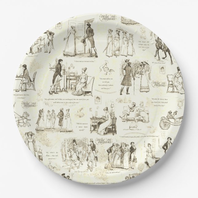 Pride and Prejudice Beige Toile Quote Illustration Paper Plates (Front)