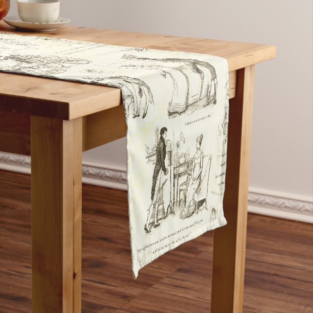 Pride and Prejudice Beige Toile Quote Illustration Short Table Runner (In Situ)