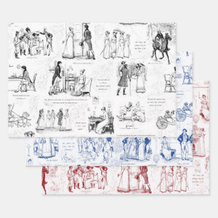 Pride and Prejudice Black Red Blue Toile Quotes Wrapping Paper Sheets