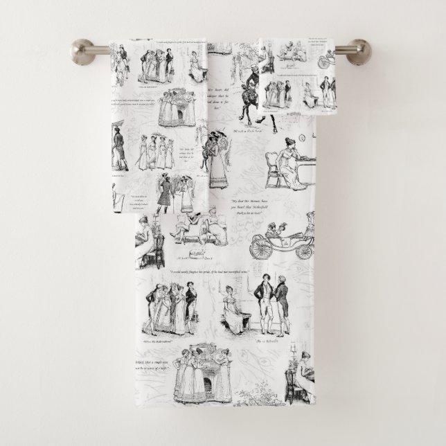 Pride and Prejudice Black White Toile Quotes Bath Towel Set (Insitu)