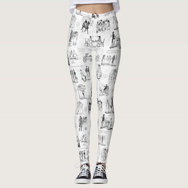 Pride and Prejudice Black White Toile Quotes Leggings (Front)