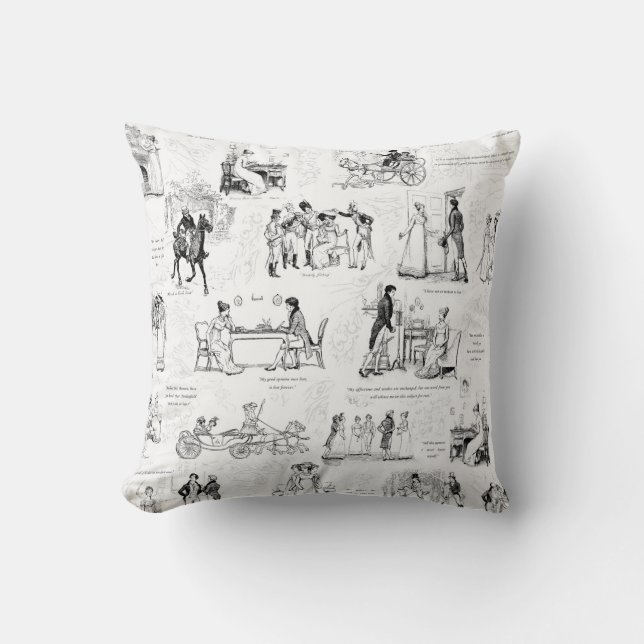 Pride and Prejudice Black White Toile Quotes Throw Pillow (Front)