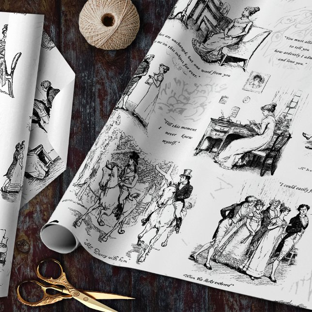 Pride and Prejudice Black White Toile Quotes Wrapping Paper (Creator Uploaded)