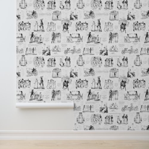 Pride and Prejudice Black White Toile Wallpaper