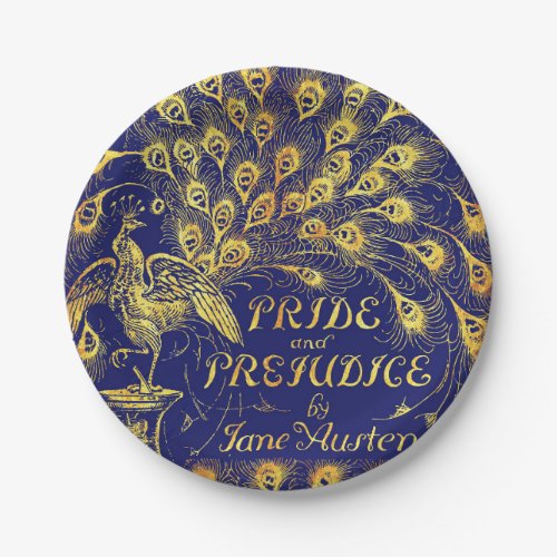 Pride and Prejudice Blue Gold Peacock Book Cover Paper Plates
