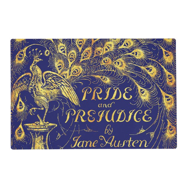 Pride and Prejudice Blue Gold Peacock Book Cover Placemat (Front)