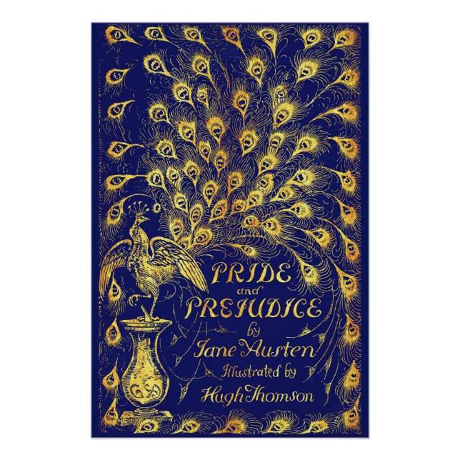 Pride and Prejudice Blue Gold Peacock Book Cover Poster (Front)