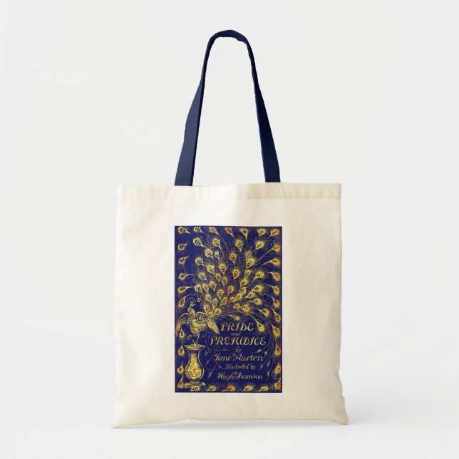 Pride and Prejudice Blue Gold Peacock Book Cover Tote Bag (Front)