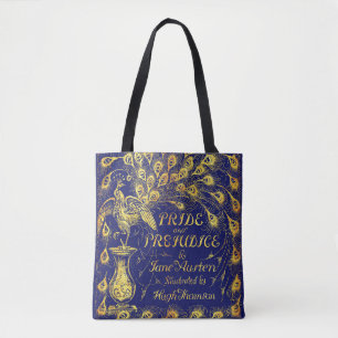 Pride and Prejudice Blue Gold Peacock Book Cover Tote Bag