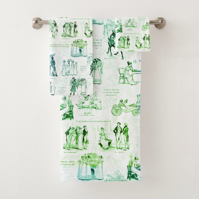 Pride and Prejudice Blue Green Toile Quotes Bath Towel Set (Insitu)
