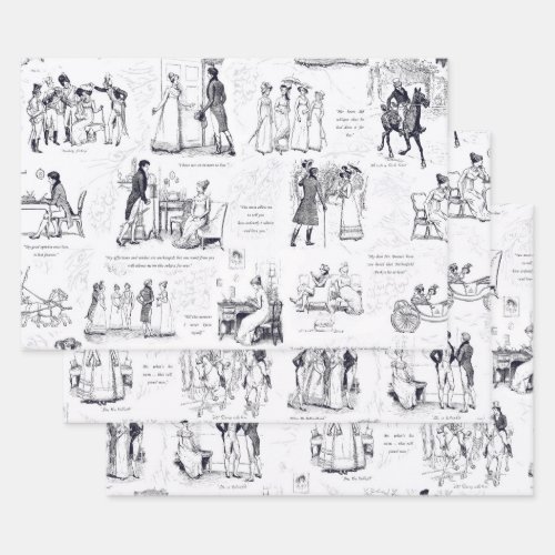 Pride and Prejudice Blue Grey Toile Quotes Wrapping Paper Sheets