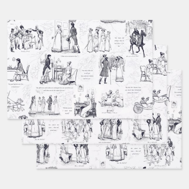 Pride and Prejudice Blue Grey Toile Quotes Wrapping Paper Sheets (Set)
