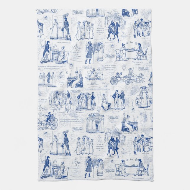 Pride and Prejudice Blue Toile Quotes Illustration Kitchen Towel (Vertical)