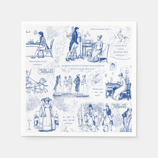 Pride and Prejudice Blue Toile Quotes Illustration Napkins (Front)