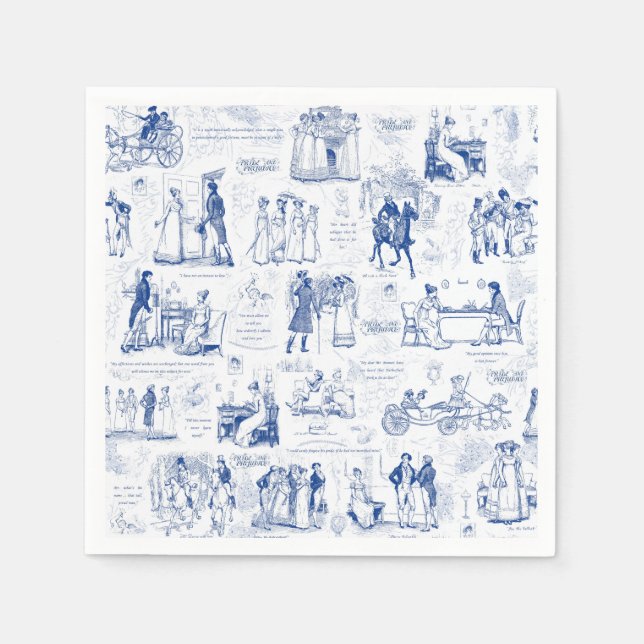 Pride and Prejudice Blue Toile Quotes Illustration Napkins (Front)