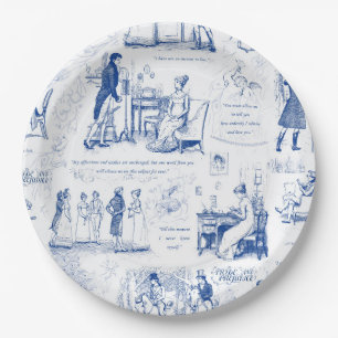 Pride and Prejudice Blue Toile Quotes Illustration Paper Plates