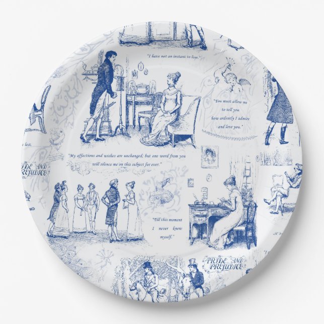 Pride and Prejudice Blue Toile Quotes Illustration Paper Plates (Front)