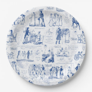 Pride and Prejudice Blue Toile Quotes Illustration Paper Plates