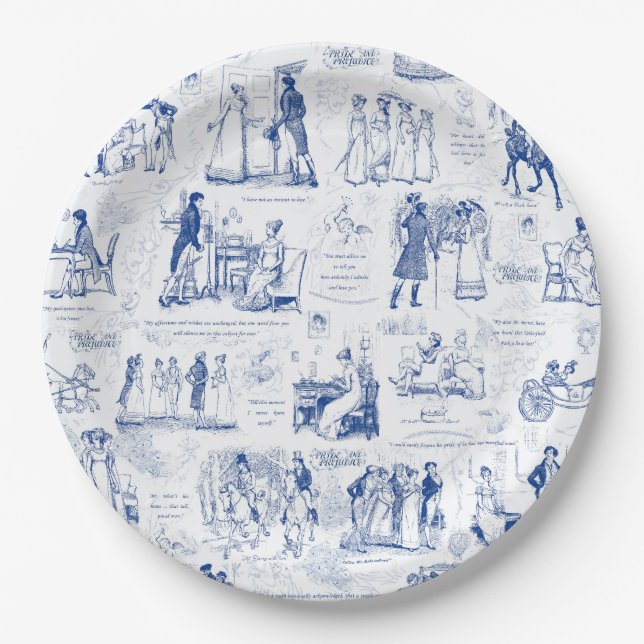 Pride and Prejudice Blue Toile Quotes Illustration Paper Plates (Front)