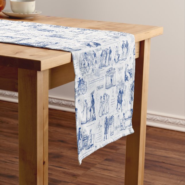 Pride and Prejudice Blue Toile Quotes Illustration Short Table Runner (In Situ)
