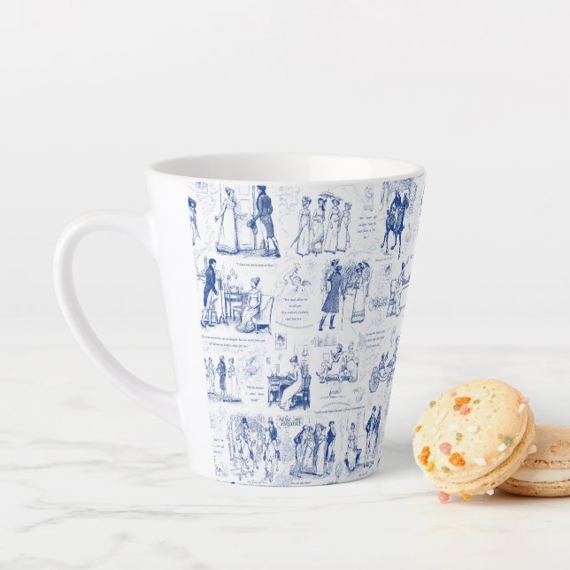 Pride and Prejudice Blue Toile Quotes Latte Mug (In Situ)