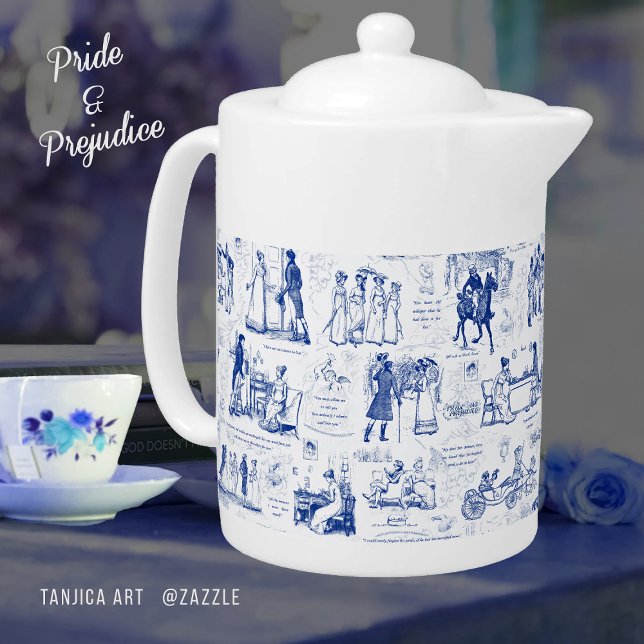 Pride and Prejudice Blue Toile Quotes Teapot (Creator Uploaded)