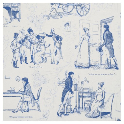 Pride and Prejudice Blue White Toile Fabric