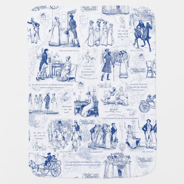 Pride and Prejudice Blue White Toile Quotes Baby Blanket (Front)