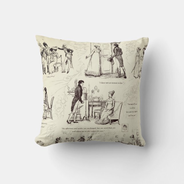 Pride and Prejudice Brown Beige Toile Quotes Throw Pillow (Front)