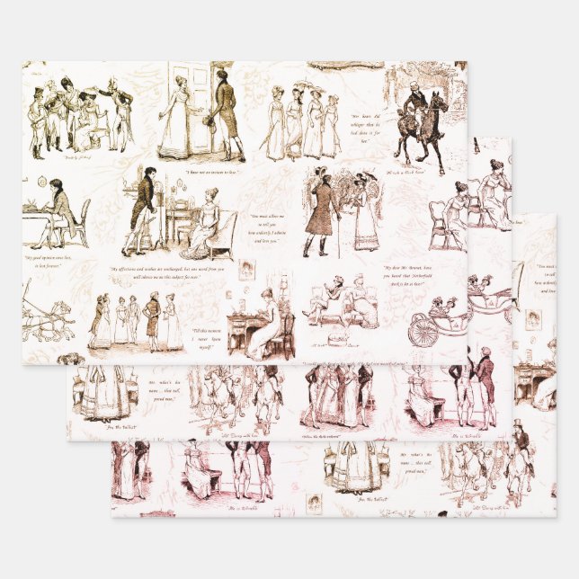 Pride and Prejudice Brown Beige Toile Quotes Wrapping Paper Sheets (Set)