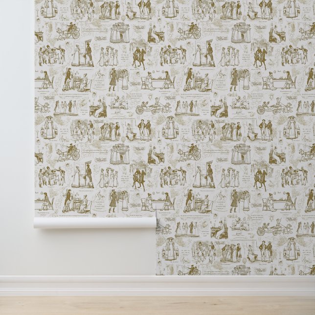 Pride and Prejudice Gold Beige Toile Wallpaper (Application)