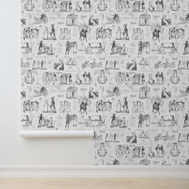 Pride and Prejudice Gray White Toile Wallpaper (Application)