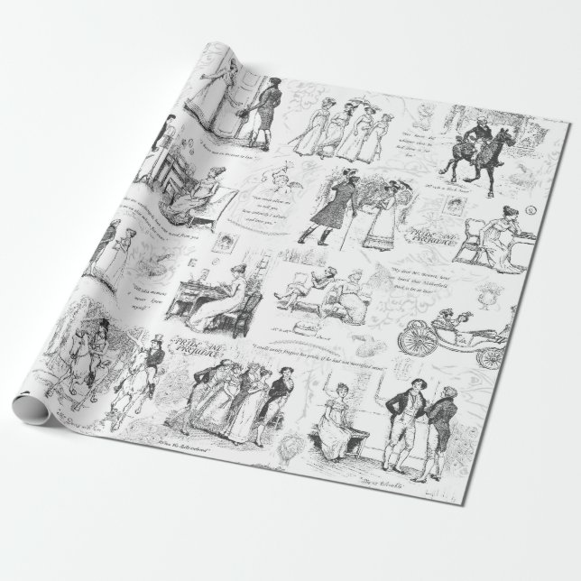 Pride and Prejudice Grey Toile Quotes Illustration Wrapping Paper (Unrolled)