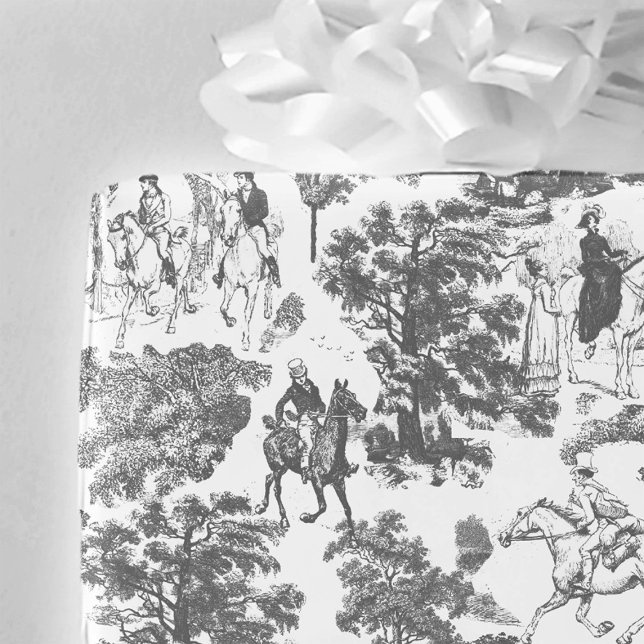 Pride and Prejudice Horses Black White Toile Wrapping Paper (Creator Uploaded)