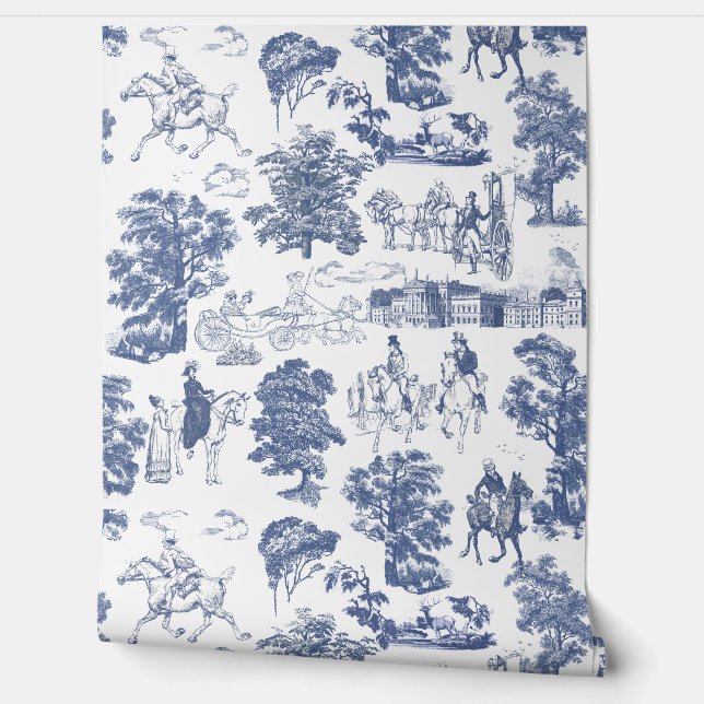 Pride and Prejudice Horses Blue White Toile Wallpaper (Unrolling)