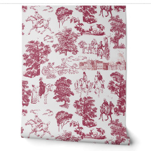 Pride and Prejudice Horses Burgundy Gray Toile Wallpaper