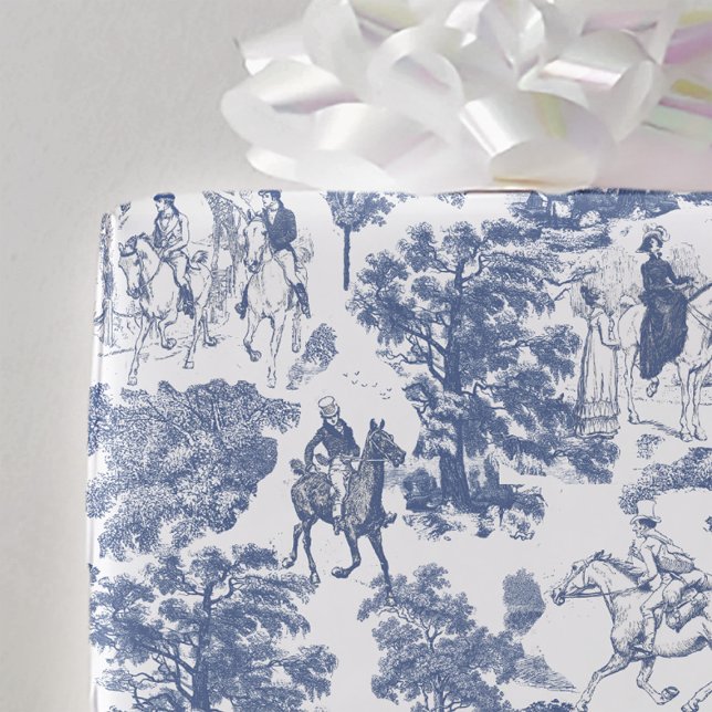 Pride and Prejudice Horses Dusty Blue Toile Wrapping Paper (Creator Uploaded)