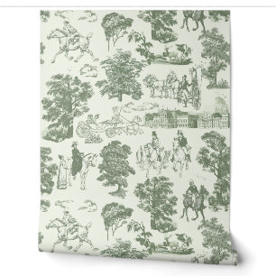 Pride and Prejudice Horses Sage White Toile Wallpaper