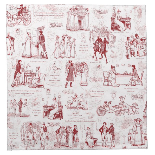 Pride and Prejudice Red Toile Quote Illustration Cloth Napkin (Front)