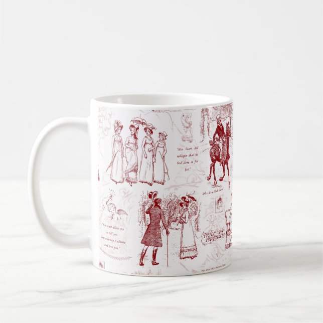 Pride and Prejudice Red Toile Quotes Coffee Mug (Left)