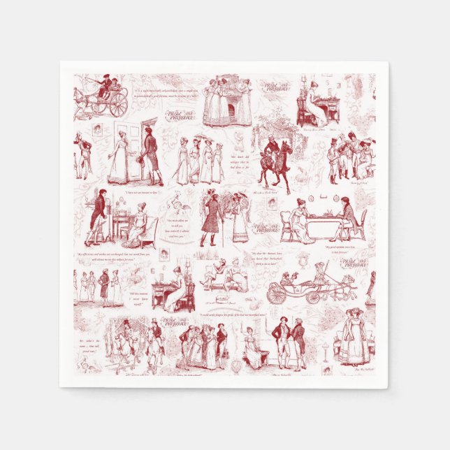 Pride and Prejudice Red Toile Quotes Illustration Napkins (Front)