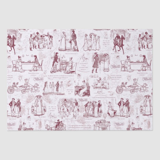 Pride and Prejudice Red Toile Quotes Illustration Tissue Paper (Front)
