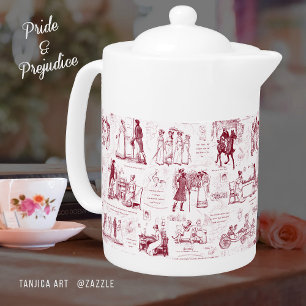 Pride and Prejudice Red Toile Quotes Teapot