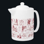 Pride and Prejudice Red Toile Quotes Teapot<br><div class="desc">Illustrations from 1894 edition of Pride and Prejudice by Jane Austen with memorable quotes in monochrome red and white toile style,  for the lovers of the book,  Mr. Darcy and Regency era romance.</div>