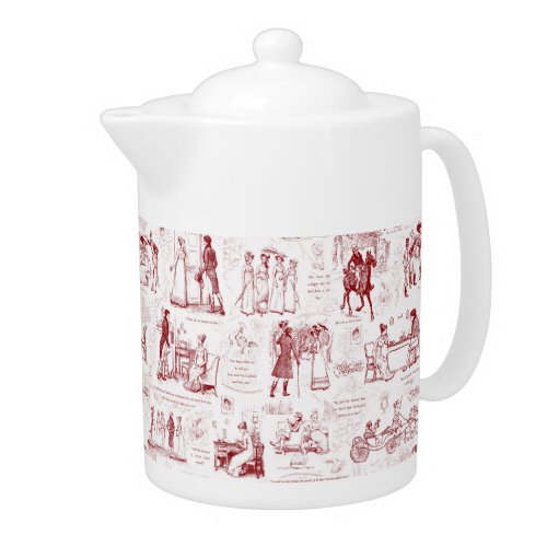 Pride and Prejudice Red Toile Quotes Teapot