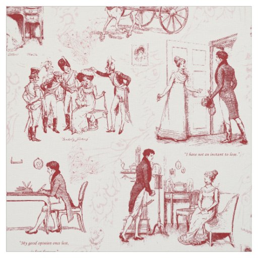 Pride and Prejudice Red White Toile Fabric