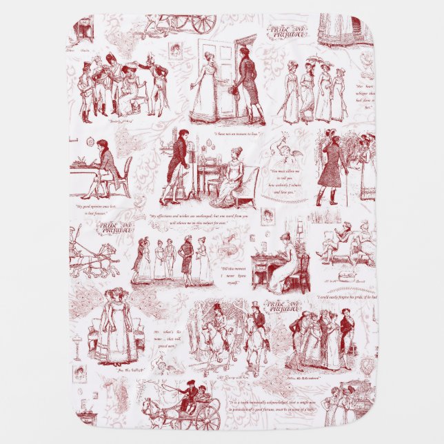 Pride and Prejudice Red White Toile Quotes Baby Blanket (Front)